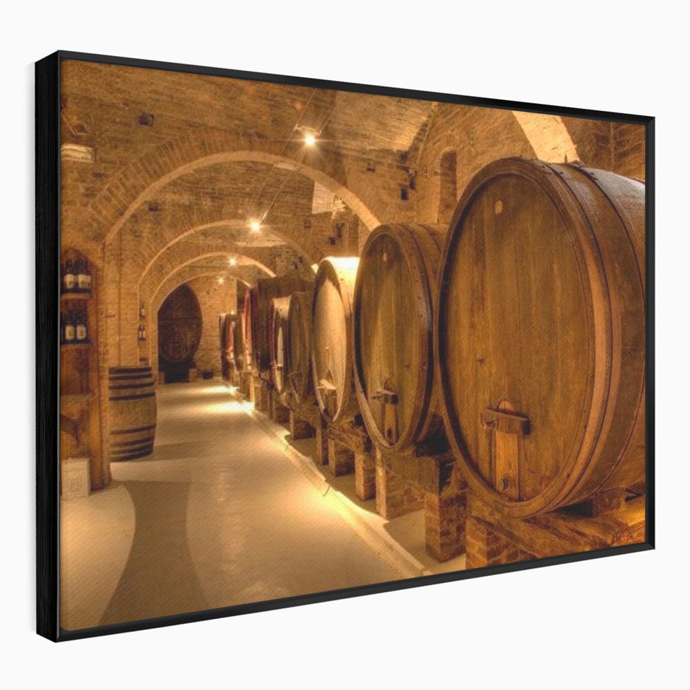 Tablou canvas cu tablou canvas cu butoaie de vin in crama, in rama de aluminiu negru