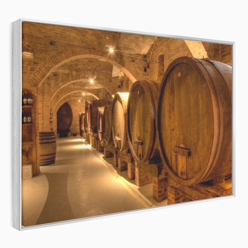 Tablou canvas cu tablou canvas cu butoaie de vin in crama, in rama de aluminiu argintiu