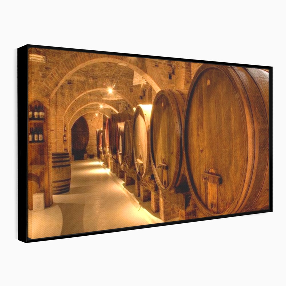 Tablou canvas cu tablou canvas cu butoaie de vin in crama, in rama de aluminiu negru