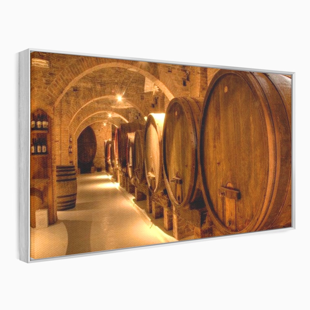 Tablou canvas cu tablou canvas cu butoaie de vin in crama, in rama de aluminiu argintiu