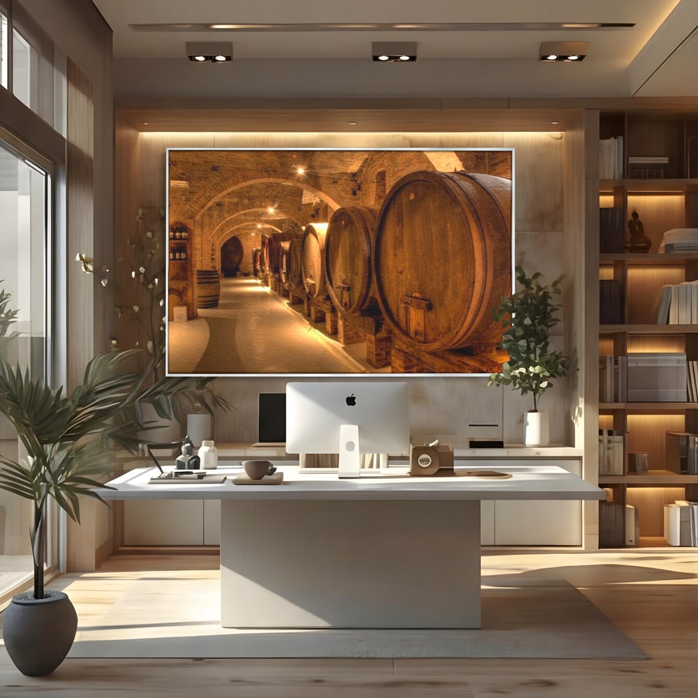 Tablou canvas cu tablou canvas cu butoaie de vin in crama, in rama de aluminiu argintiu, pe perete intr-un birou