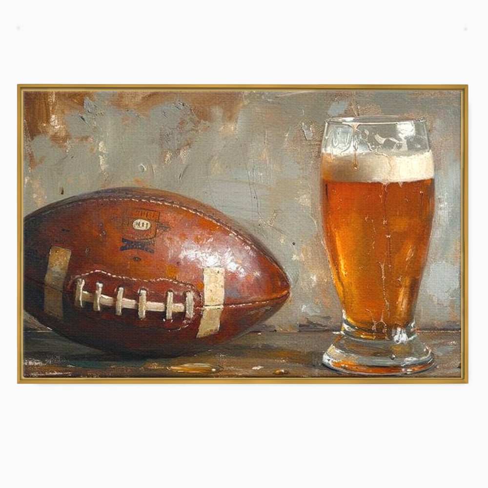 Tablou canvas cu pictura cu minge de fotbal si pahar de bere, in rama de aluminiu auriu