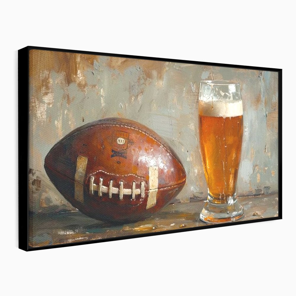 Tablou canvas cu pictura cu minge de fotbal si pahar de bere, in rama de aluminiu negru