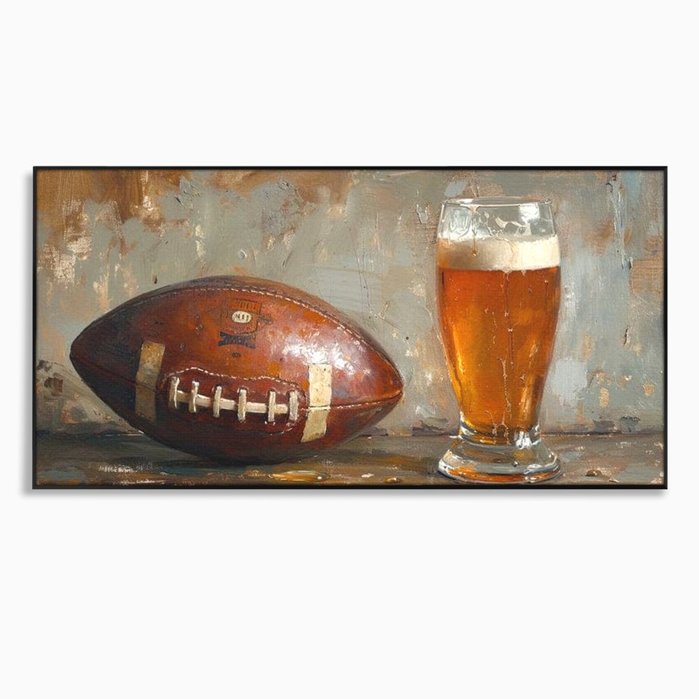 Tablou canvas cu pictura cu minge de fotbal si pahar de bere, in rama de aluminiu negru