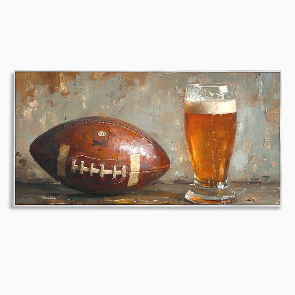 Tablou canvas cu pictura cu minge de fotbal si pahar de bere, in rama de aluminiu argintiu