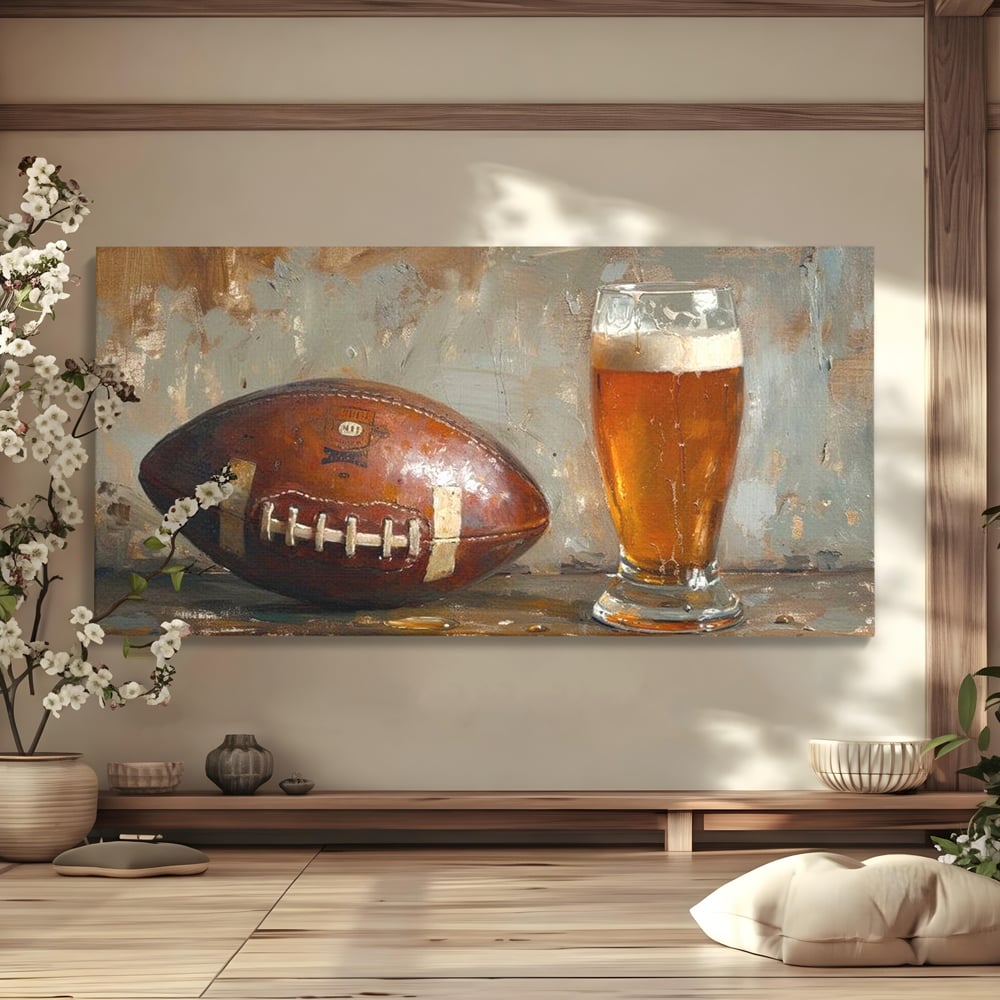 Tablou canvas cu pictura cu minge de fotbal si pahar de bere, fara rama, pe sasiu de lemn