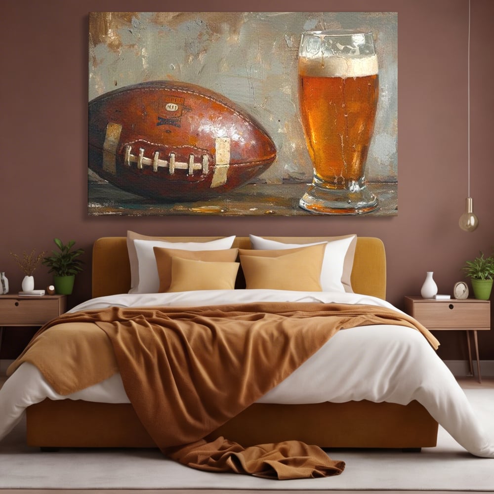 Tablou canvas cu pictura cu minge de fotbal si pahar de bere, fara rama, pe sasiu de lemn, pe perete intr-un dormitor