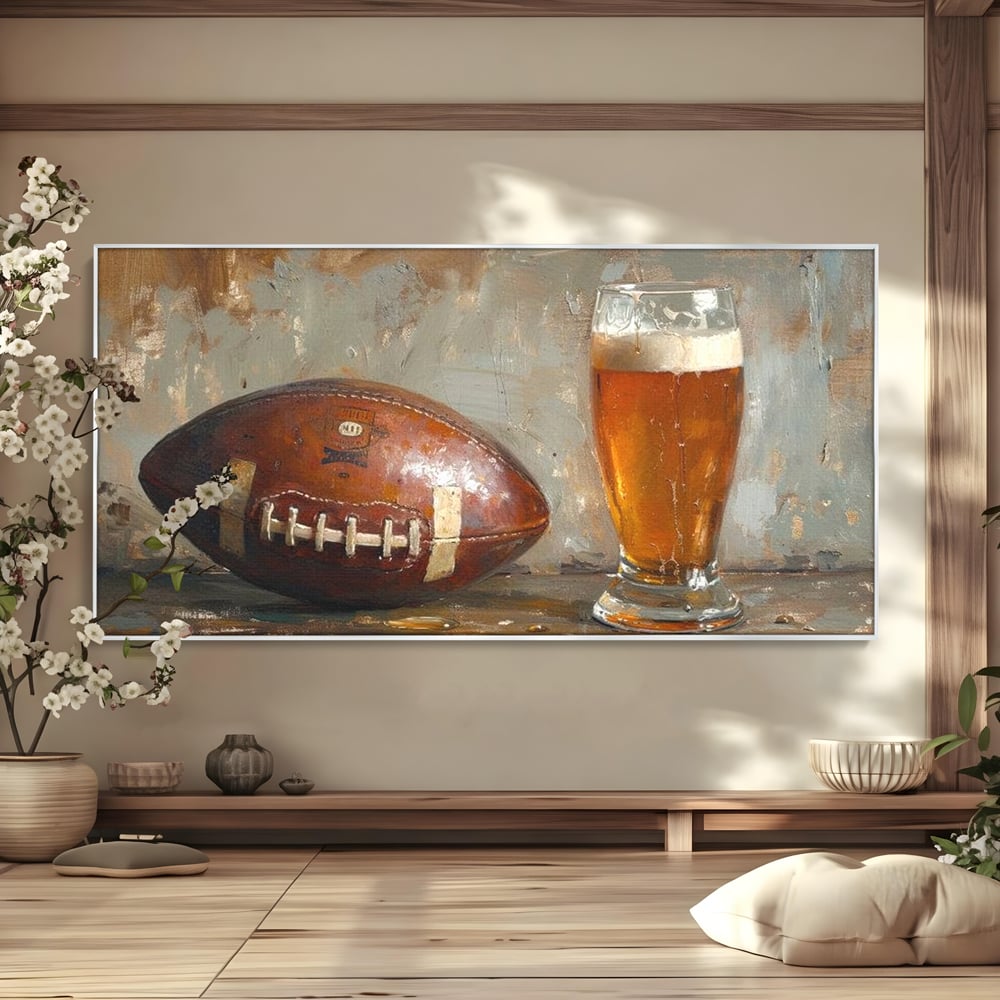 Tablou canvas cu pictura cu minge de fotbal si pahar de bere, in rama de aluminiu argintiu