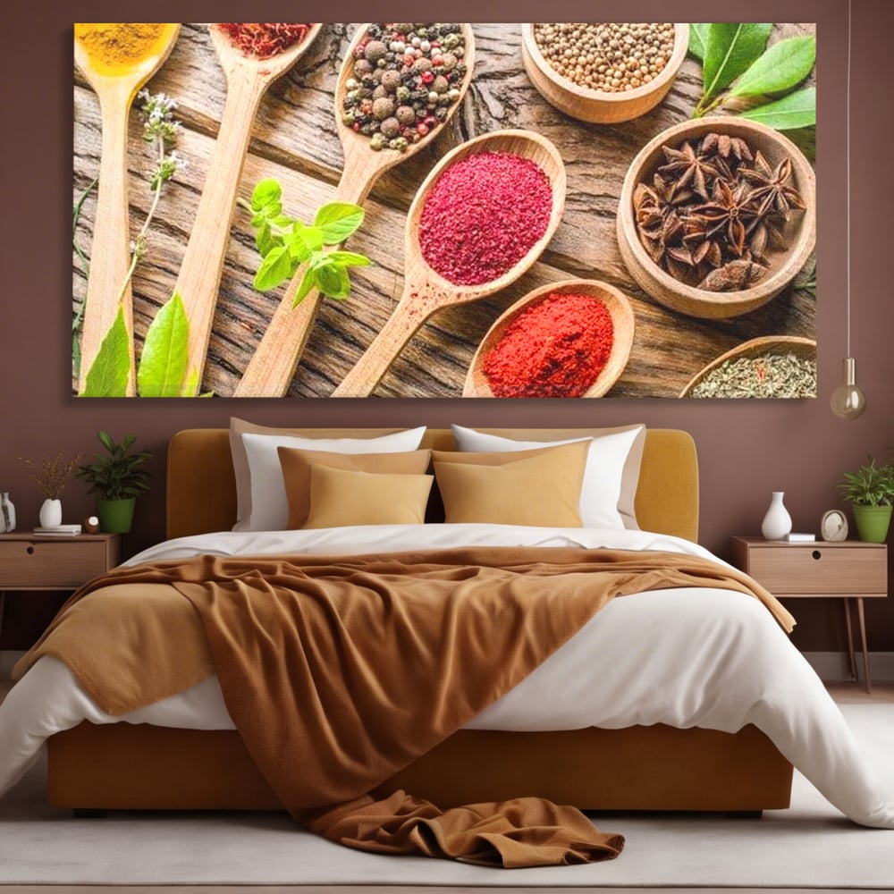 Tablou canvas cu tablou canvas cu condimente si linguri de lemn, fara rama, pe sasiu de lemn, pe perete intr-un dormitor