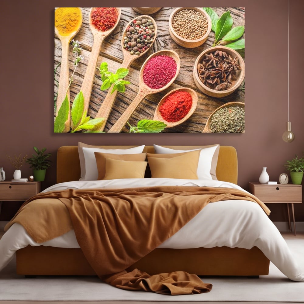 Tablou canvas cu tablou canvas cu condimente si linguri de lemn, fara rama, pe sasiu de lemn, pe perete intr-un dormitor