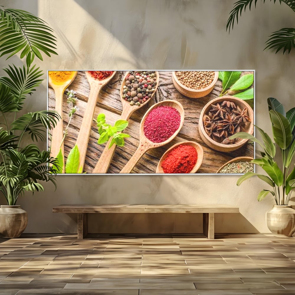 Tablou canvas cu tablou canvas cu condimente si linguri de lemn, in rama de aluminiu argintiu