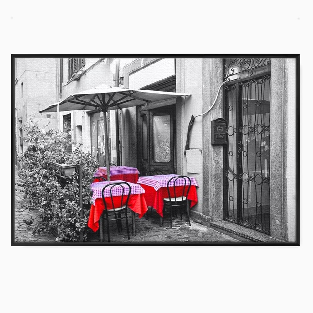 Tablou canvas cu cafenea stradala vintage alb negru cu pete de rosu, in rama de aluminiu negru