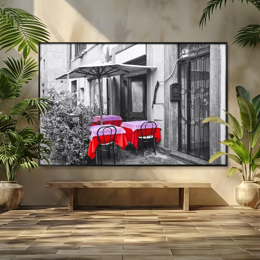 Tablou canvas cu cafenea stradala vintage alb negru cu pete de rosu, in rama de aluminiu negru