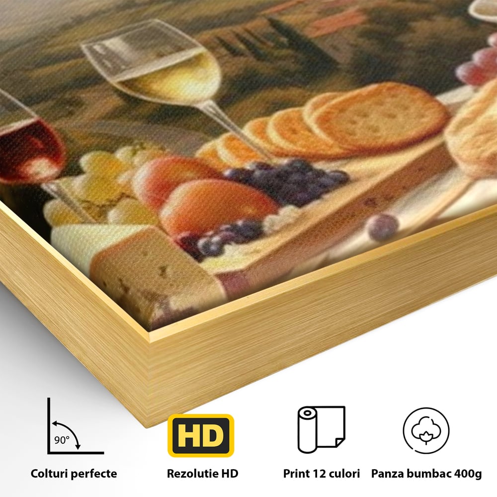Detaliu al suprafetei: tablou canvas cu peisaj tomnatic si masa imbelsugata, in rama de aluminiu auriu