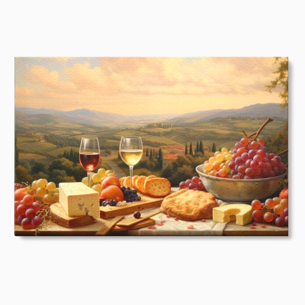 Tablou canvas cu tablou canvas cu peisaj tomnatic si masa imbelsugata, fara rama, pe sasiu de lemn