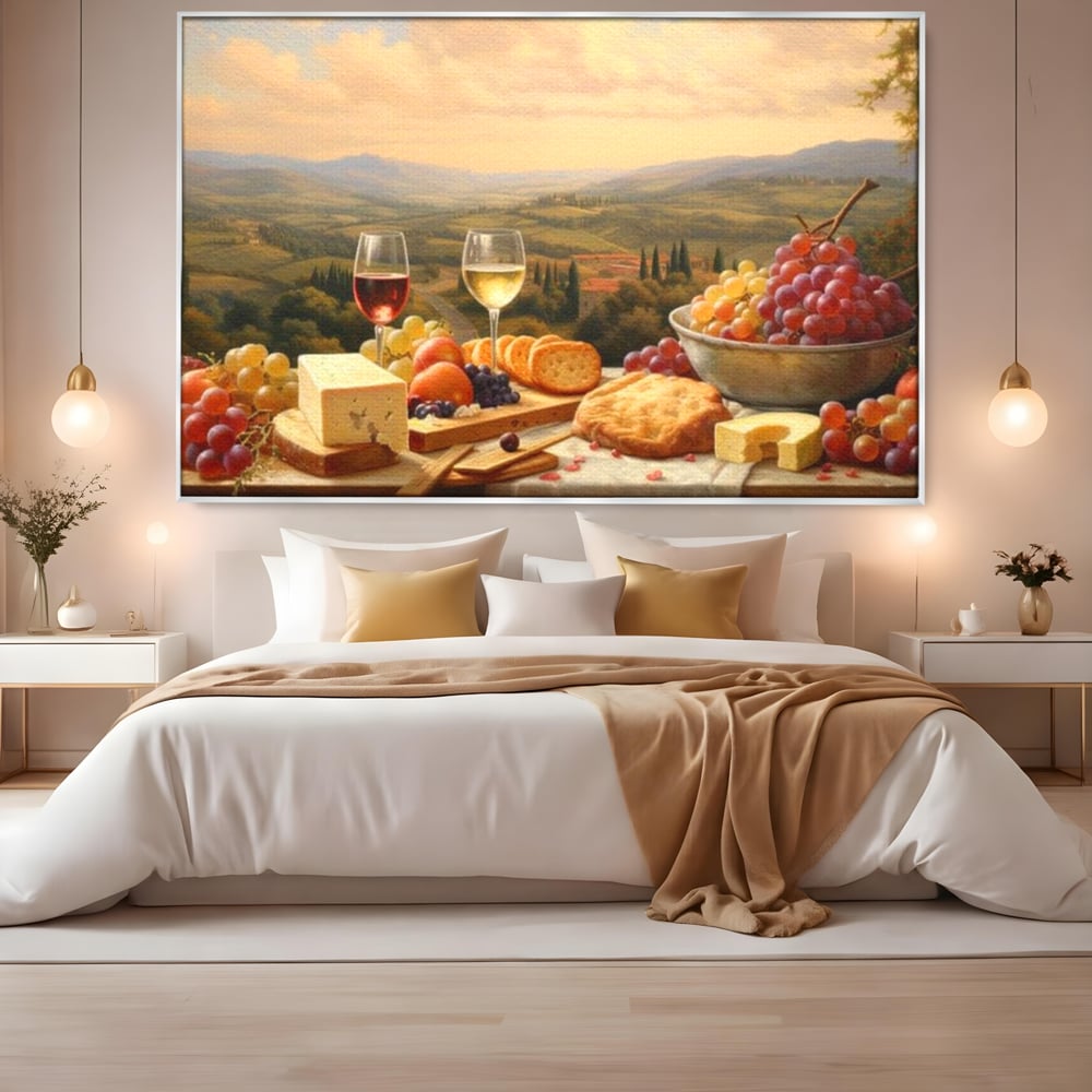 Tablou canvas cu tablou canvas cu peisaj tomnatic si masa imbelsugata, in rama de aluminiu argintiu, pe perete intr-un dormitor