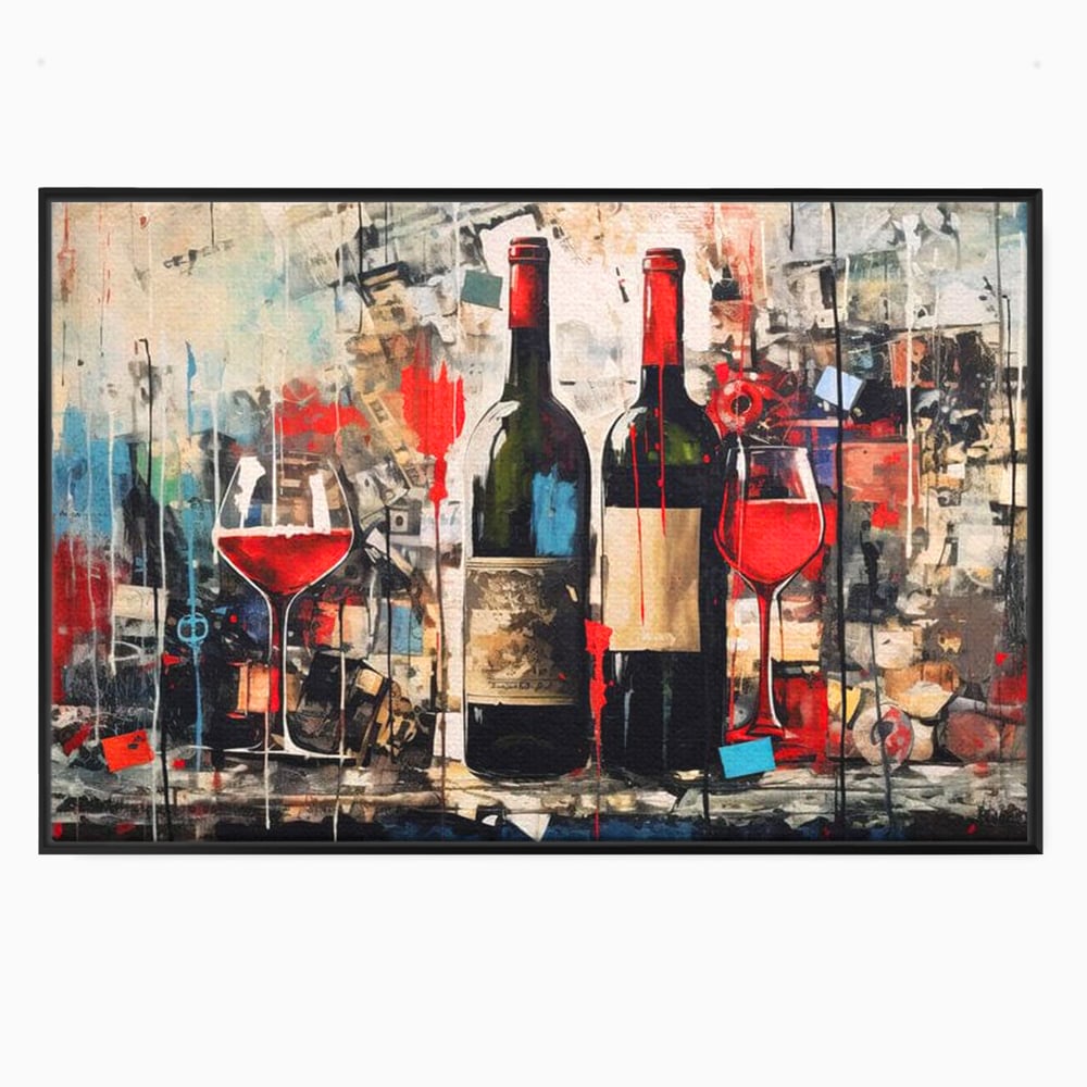 Tablou canvas cu pictura abstracta cu sticle si pahare de vin, in rama de aluminiu negru