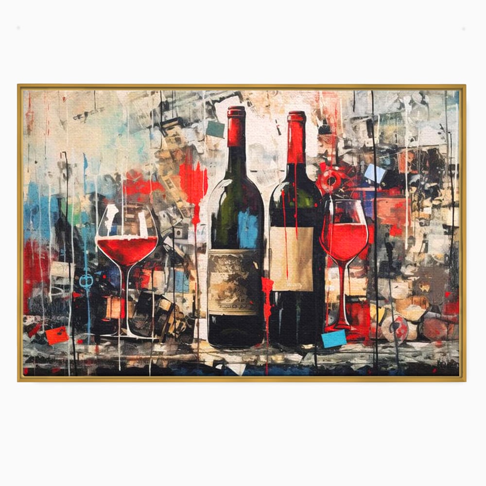 Tablou canvas cu pictura abstracta cu sticle si pahare de vin, in rama de aluminiu auriu