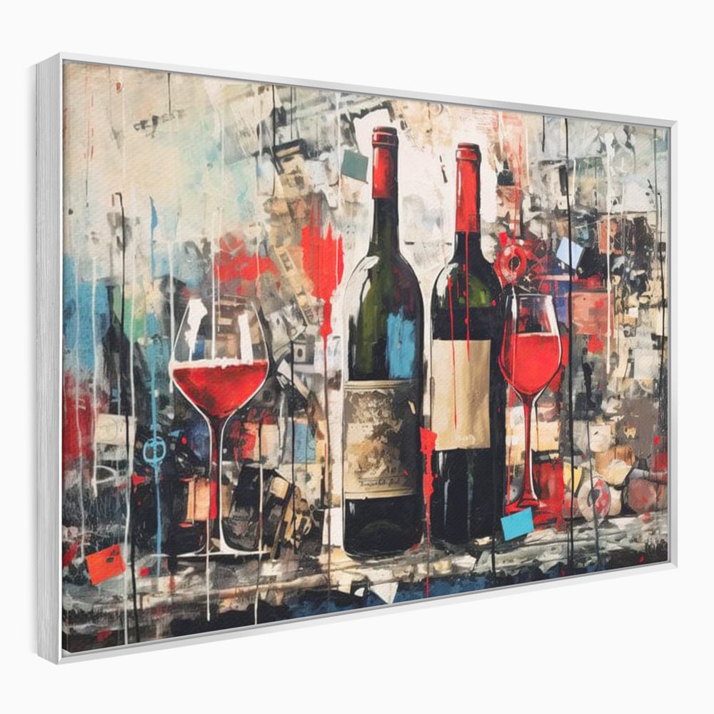 Tablou canvas cu pictura abstracta cu sticle si pahare de vin, in rama de aluminiu argintiu