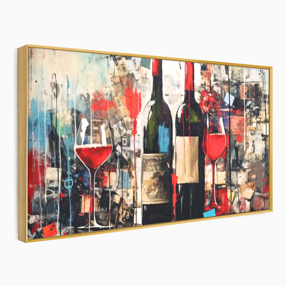 Tablou canvas cu pictura abstracta cu sticle si pahare de vin, in rama de aluminiu auriu