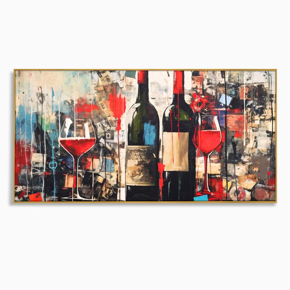 Tablou canvas cu pictura abstracta cu sticle si pahare de vin, in rama de aluminiu auriu