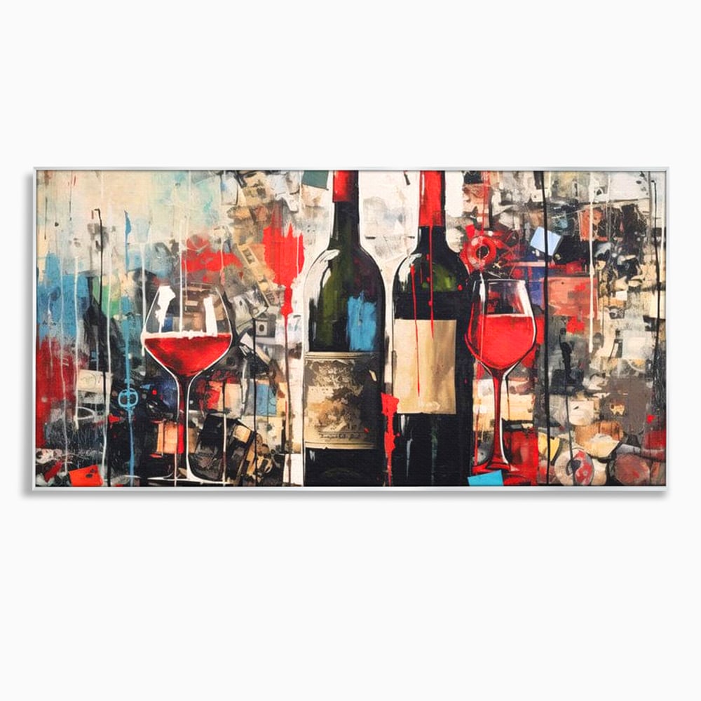 Tablou canvas cu pictura abstracta cu sticle si pahare de vin, in rama de aluminiu argintiu
