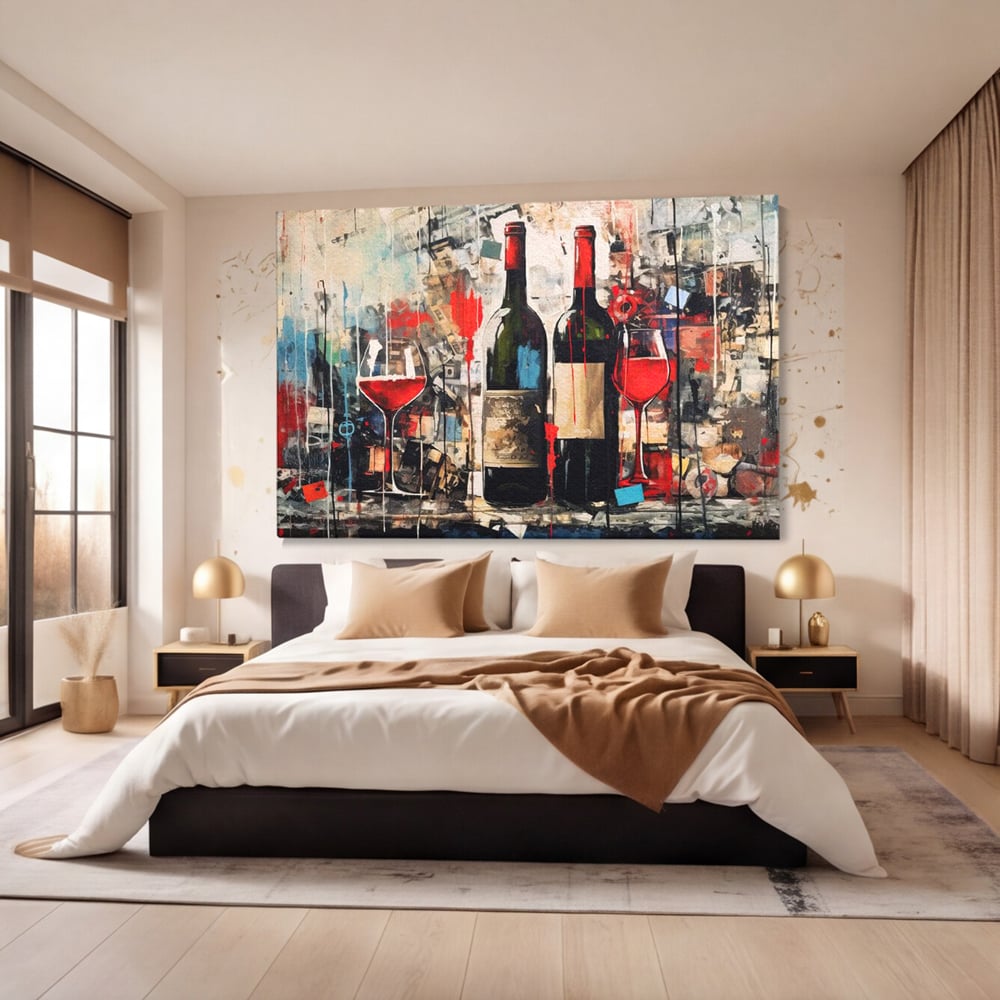 Tablou canvas cu pictura abstracta cu sticle si pahare de vin, fara rama, pe sasiu de lemn, pe perete intr-un dormitor