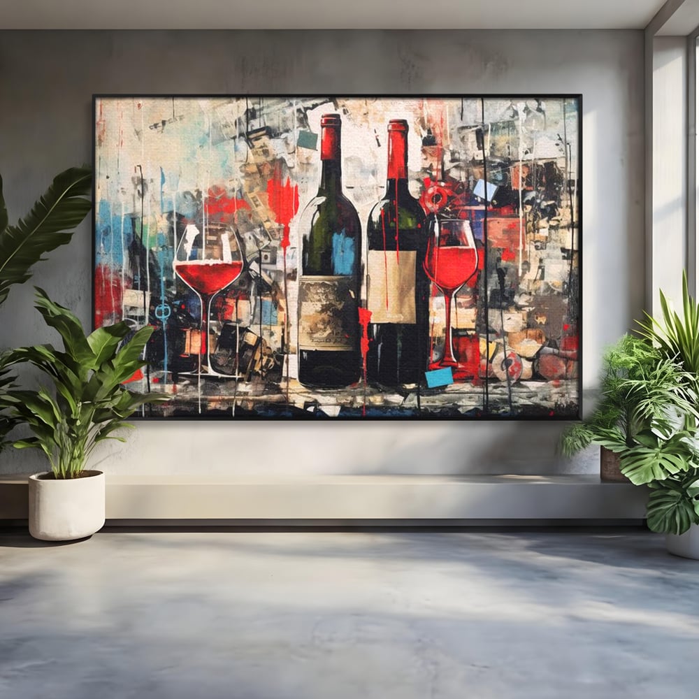 Tablou canvas cu pictura abstracta cu sticle si pahare de vin, in rama de aluminiu negru