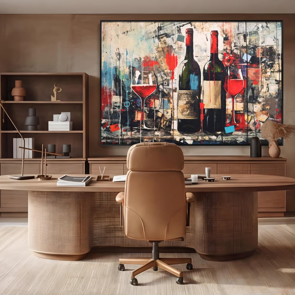 Tablou canvas cu pictura abstracta cu sticle si pahare de vin, in rama de aluminiu negru, pe perete intr-un birou