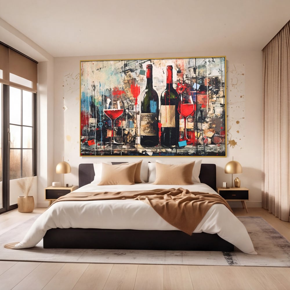 Tablou canvas cu pictura abstracta cu sticle si pahare de vin, in rama de aluminiu auriu, pe perete intr-un dormitor