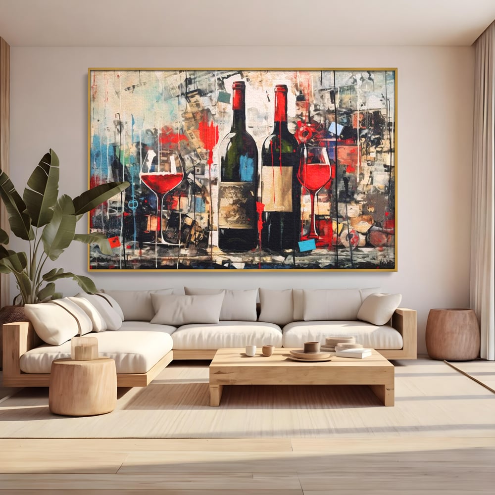 Tablou canvas cu pictura abstracta cu sticle si pahare de vin, in rama de aluminiu auriu, pe perete intr-un living