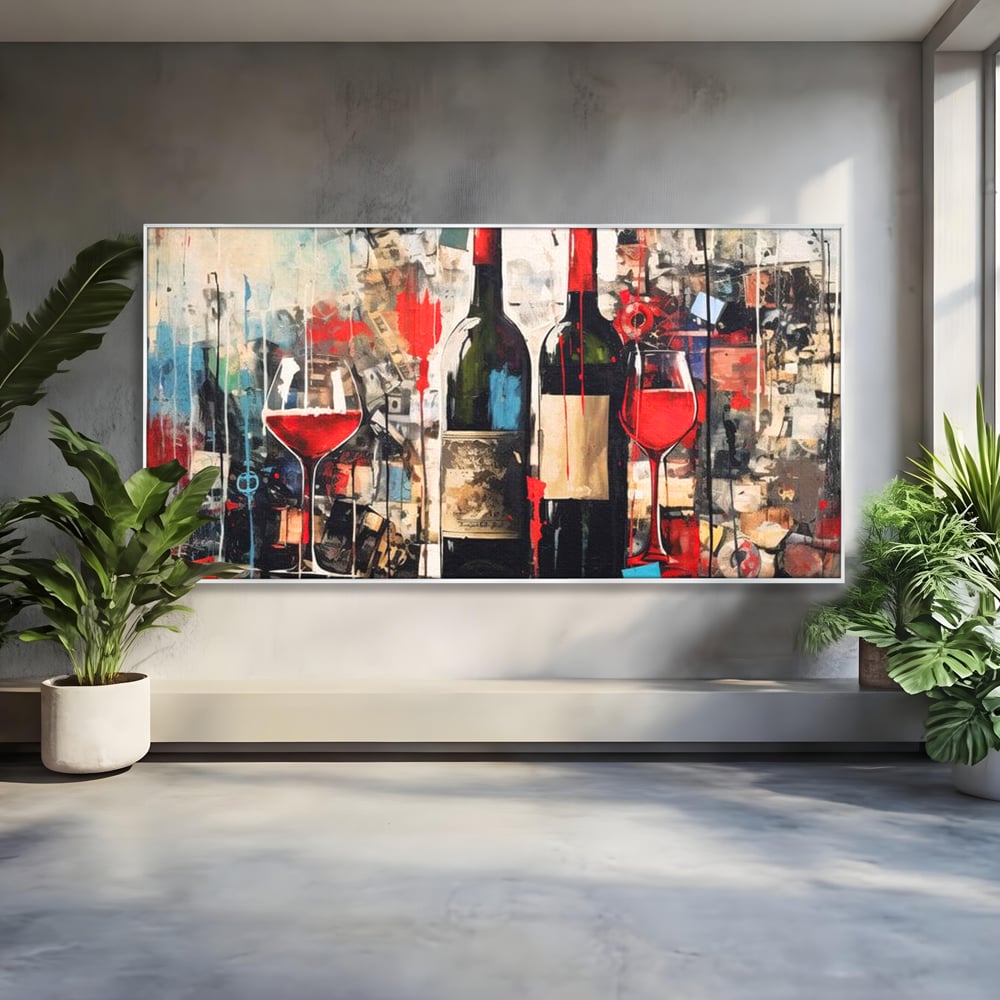 Tablou canvas cu pictura abstracta cu sticle si pahare de vin, in rama de aluminiu argintiu