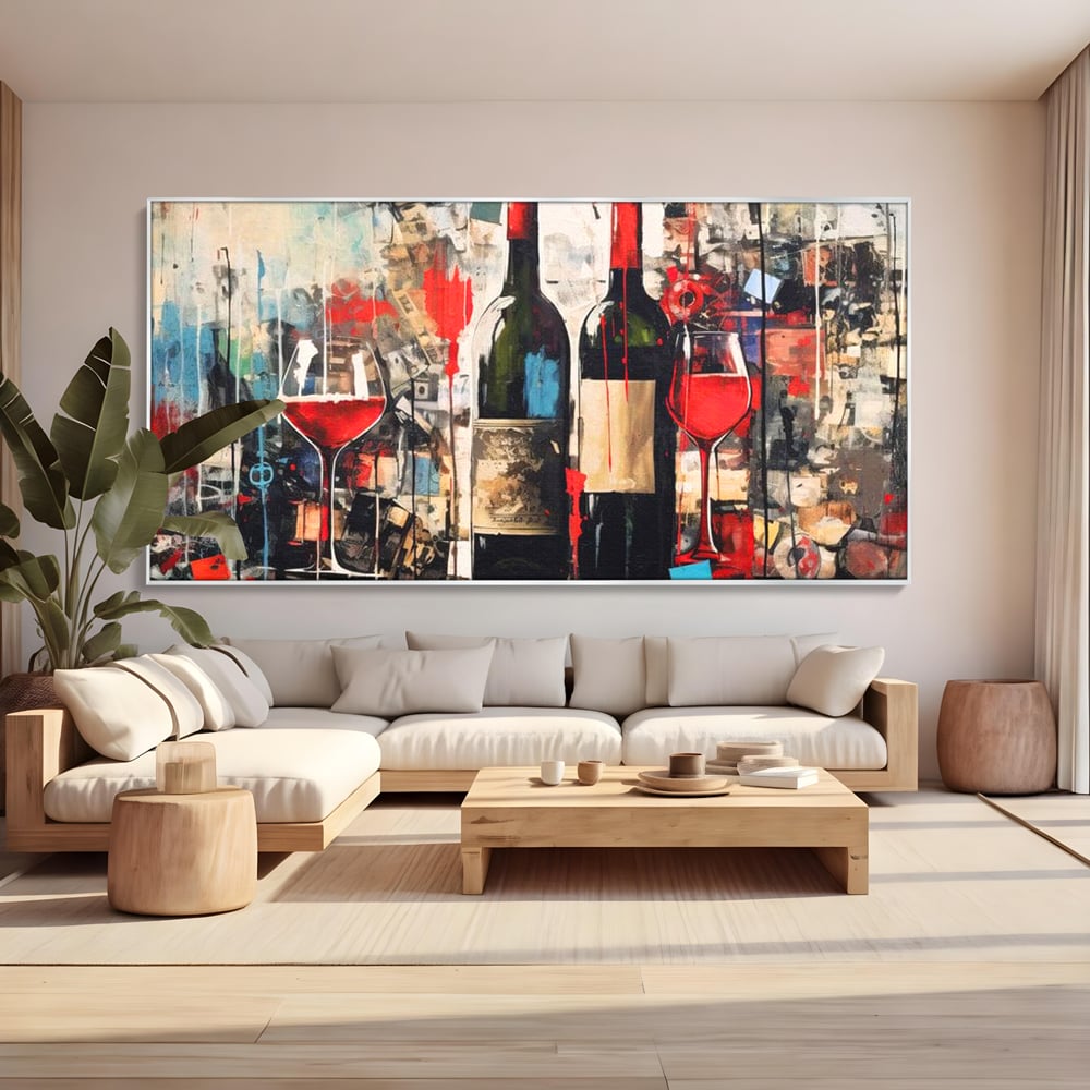 Tablou canvas cu pictura abstracta cu sticle si pahare de vin, in rama de aluminiu argintiu, pe perete intr-un living