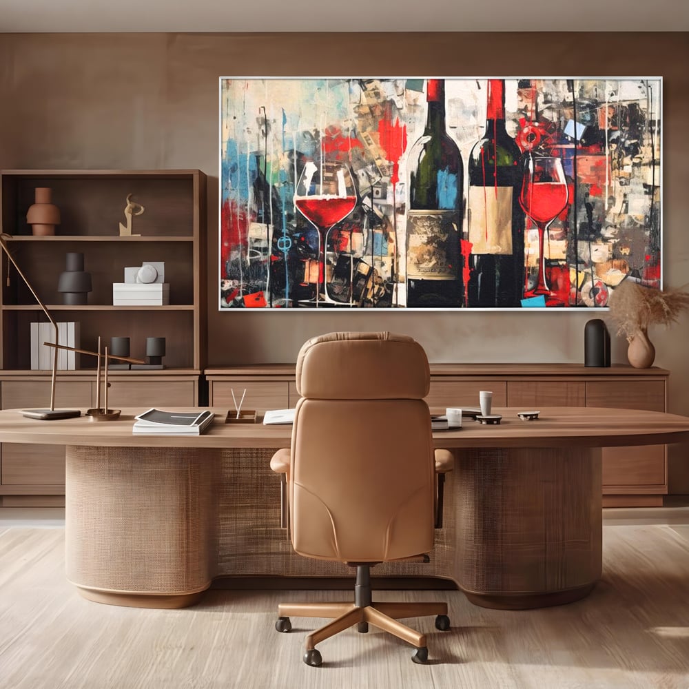 Tablou canvas cu pictura abstracta cu sticle si pahare de vin, in rama de aluminiu argintiu, pe perete intr-un birou