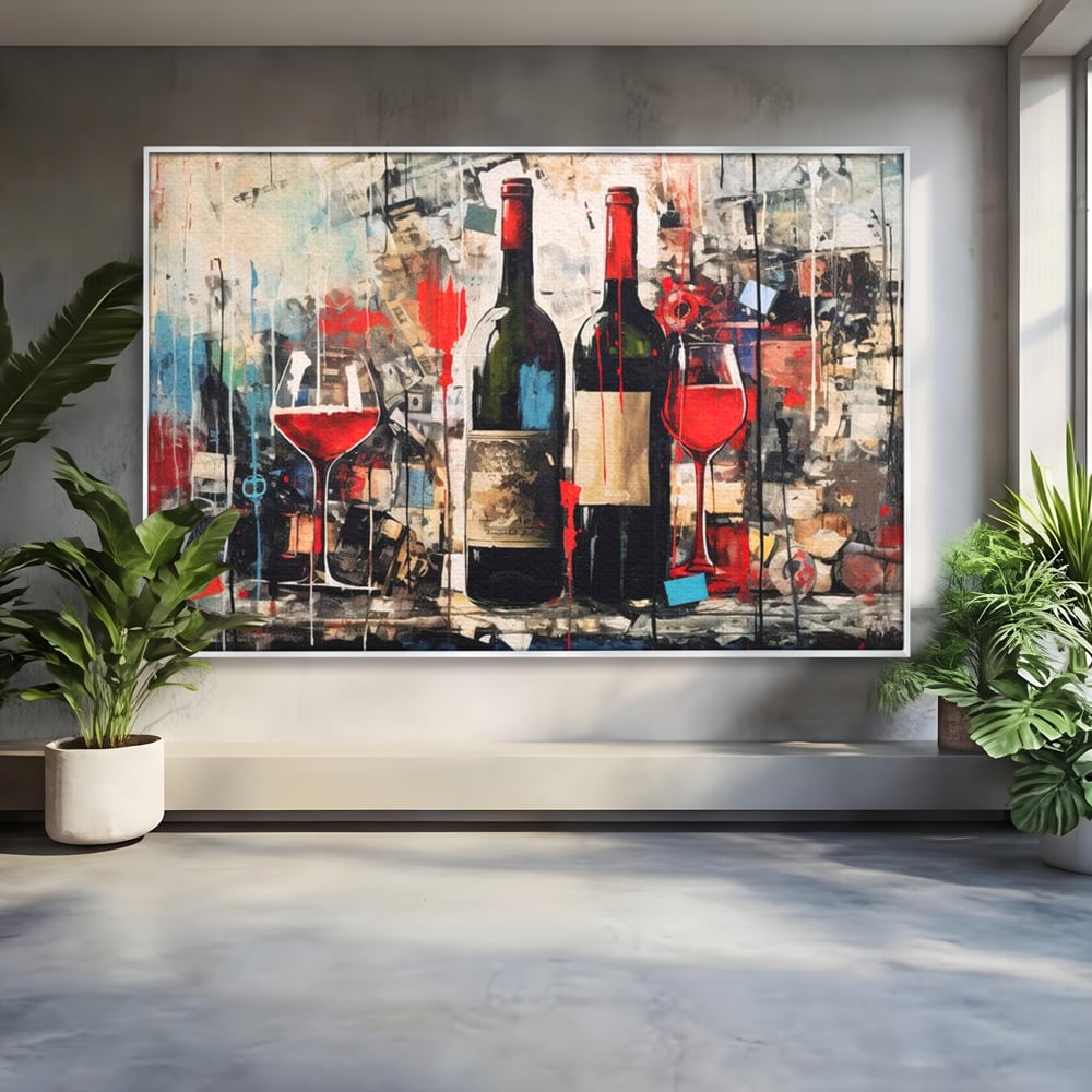 Tablou canvas cu pictura abstracta cu sticle si pahare de vin, in rama de aluminiu argintiu