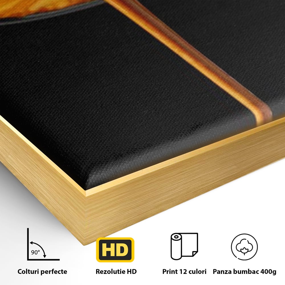 Detaliu al suprafetei: tablou canvas cu jet de espresso, in rama de aluminiu auriu