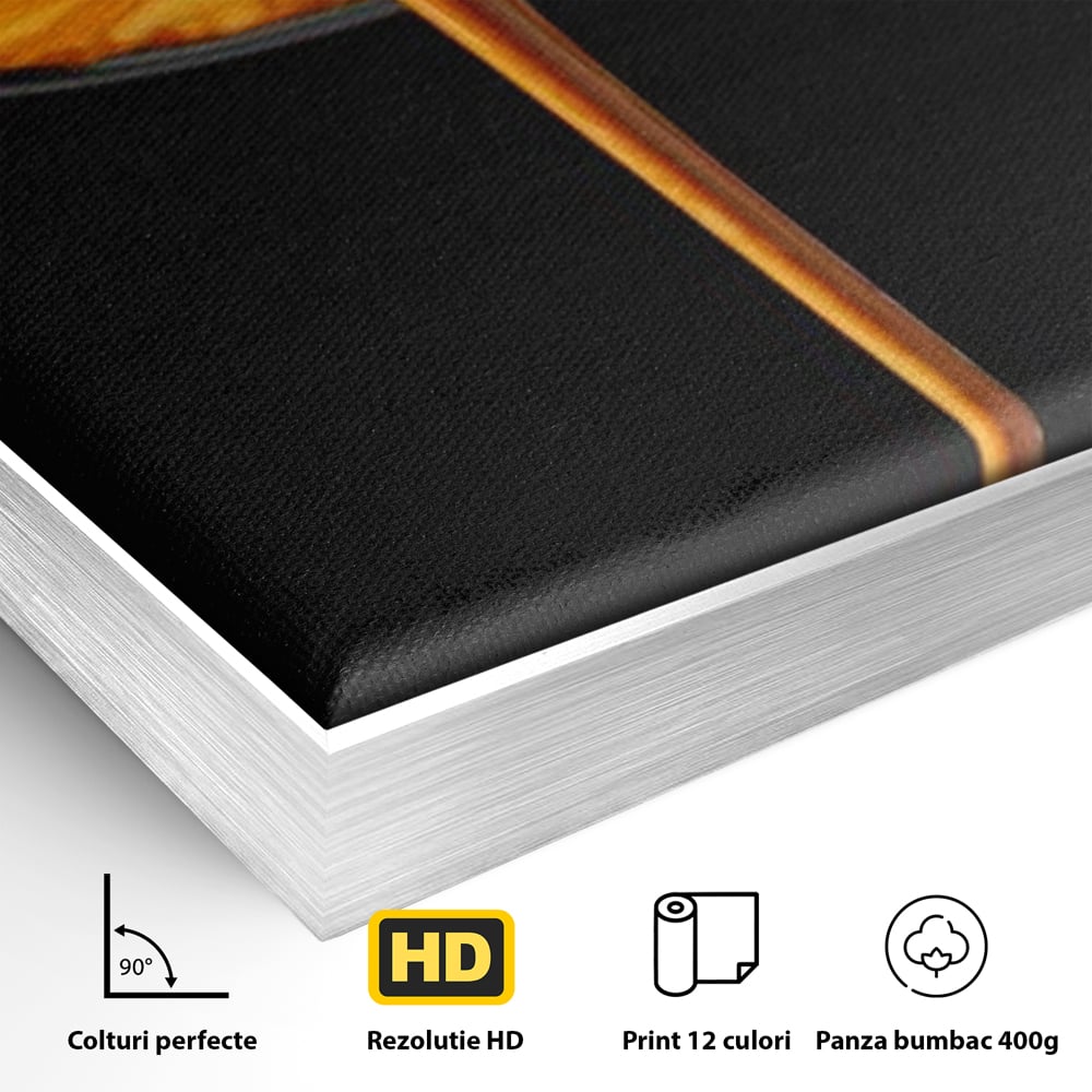 Detaliu al suprafetei: tablou canvas cu jet de espresso, in rama de aluminiu argintiu