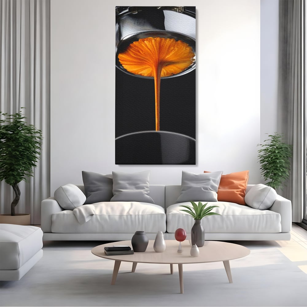 Tablou canvas cu tablou canvas cu jet de espresso, fara rama, pe sasiu de lemn, pe perete intr-un living
