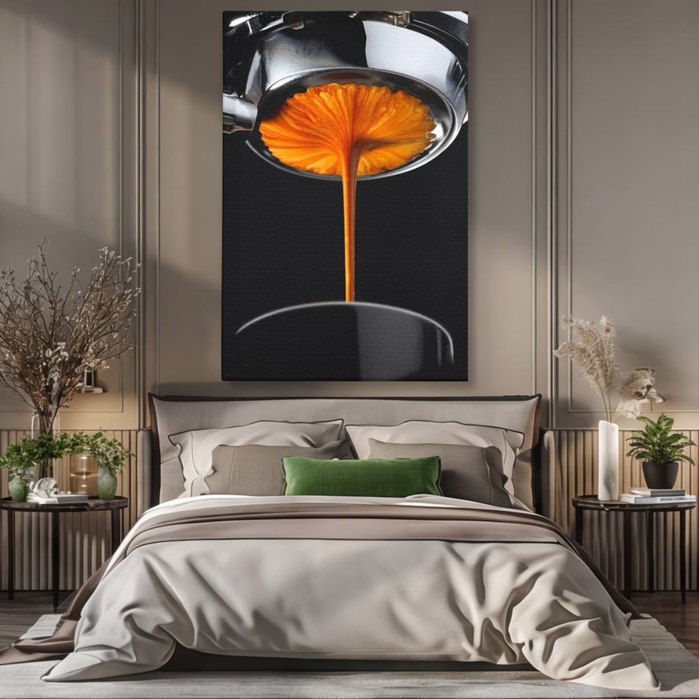 Tablou canvas cu tablou canvas cu jet de espresso, fara rama, pe sasiu de lemn, pe perete intr-un dormitor