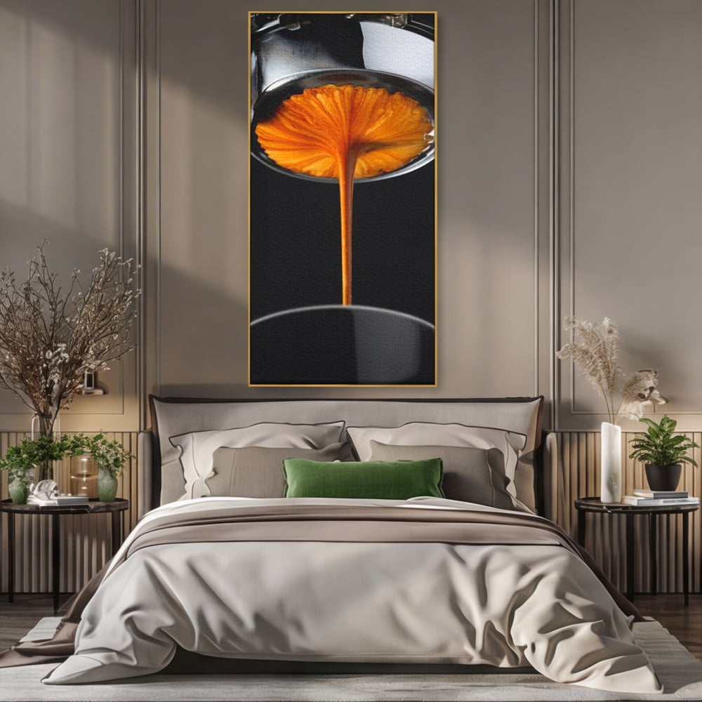 Tablou canvas cu tablou canvas cu jet de espresso, in rama de aluminiu auriu, pe perete intr-un dormitor