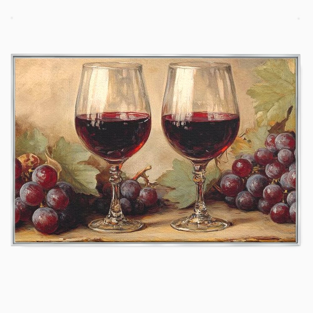 Tablou canvas cu pictura cu doua pahare de vin rosu, in rama de aluminiu argintiu