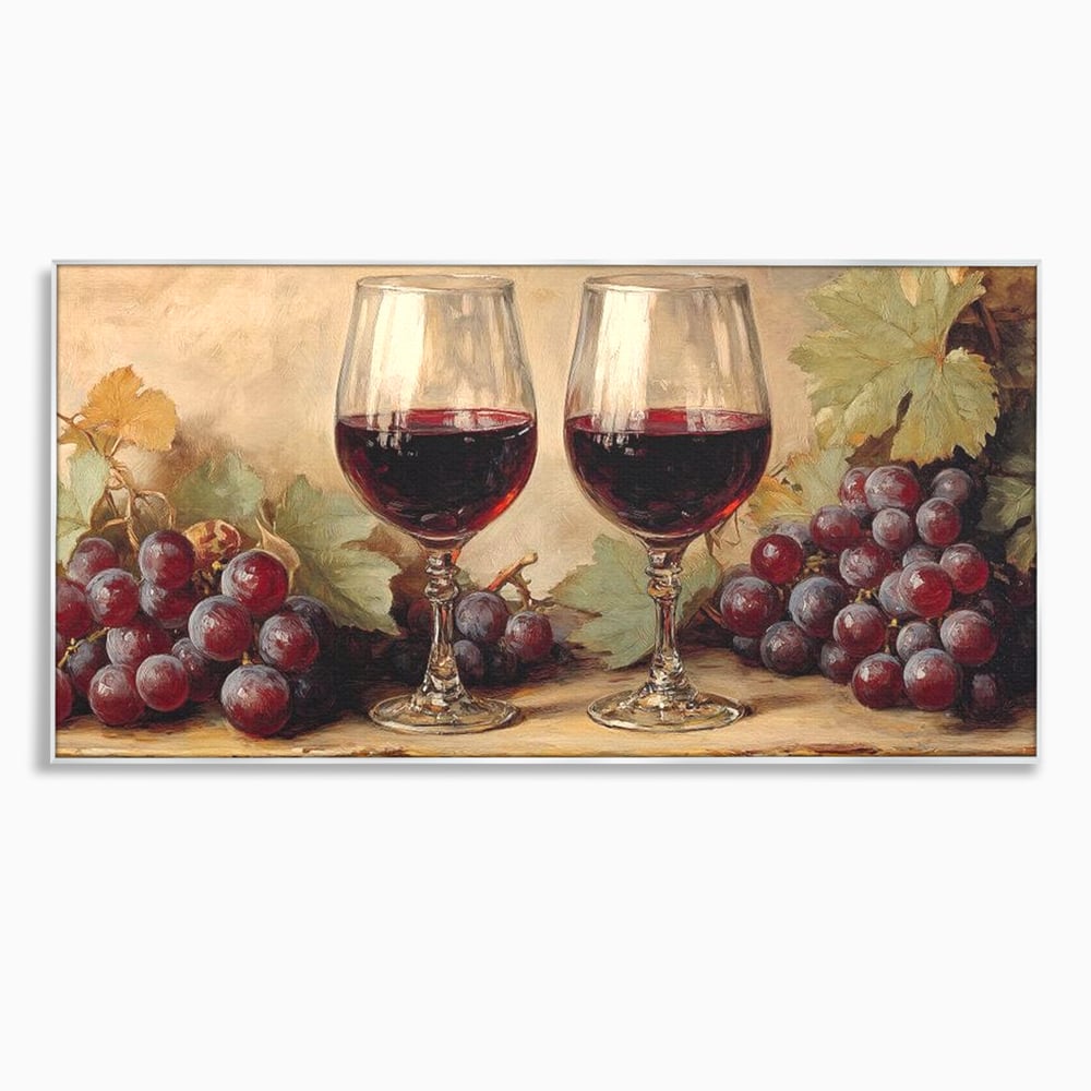 Tablou canvas cu pictura cu doua pahare de vin rosu, in rama de aluminiu argintiu