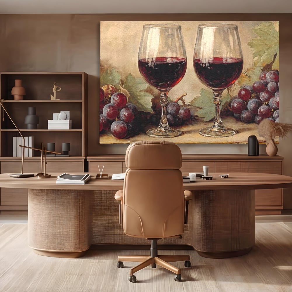 Tablou Canvas Pictura cu Doua Pahare de Vin Rosu, Rosu Grena si Bej Deschis, N1031