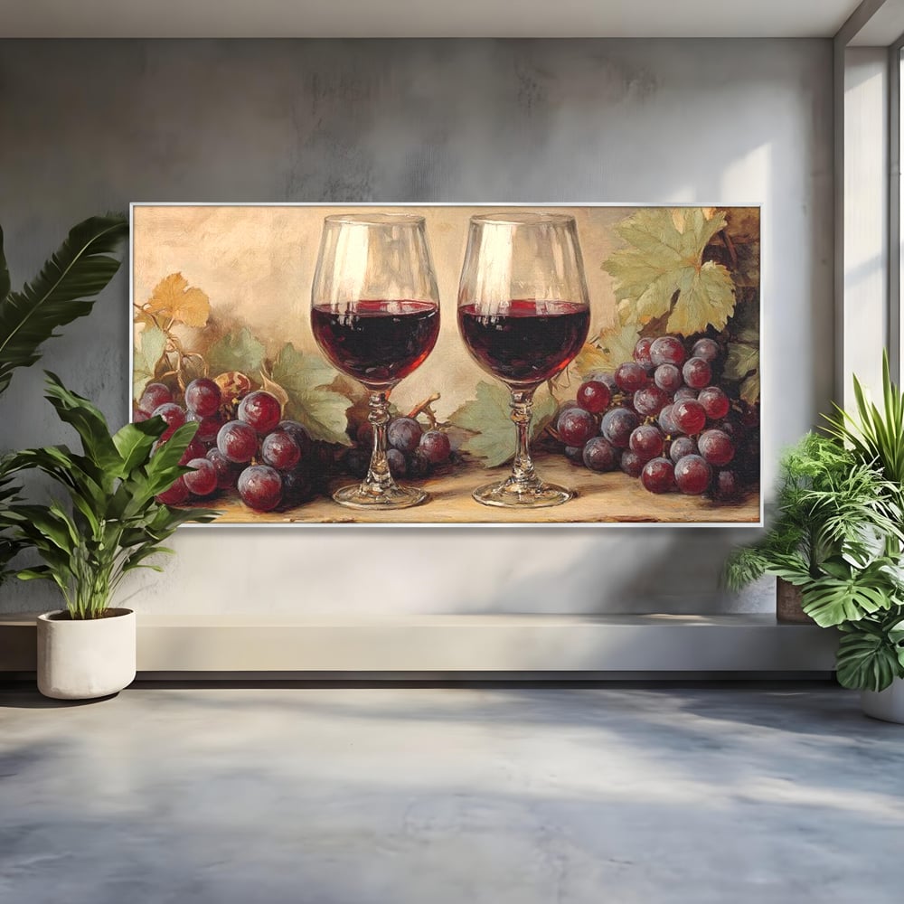 Tablou Canvas Pictura cu Doua Pahare de Vin Rosu, Rosu Grena si Bej Deschis, N1031