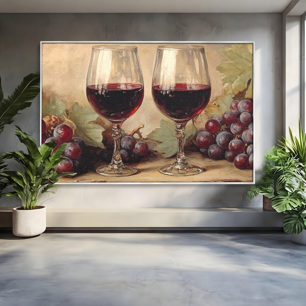 Tablou Canvas Pictura cu Doua Pahare de Vin Rosu, Rosu Grena si Bej Deschis, N1031