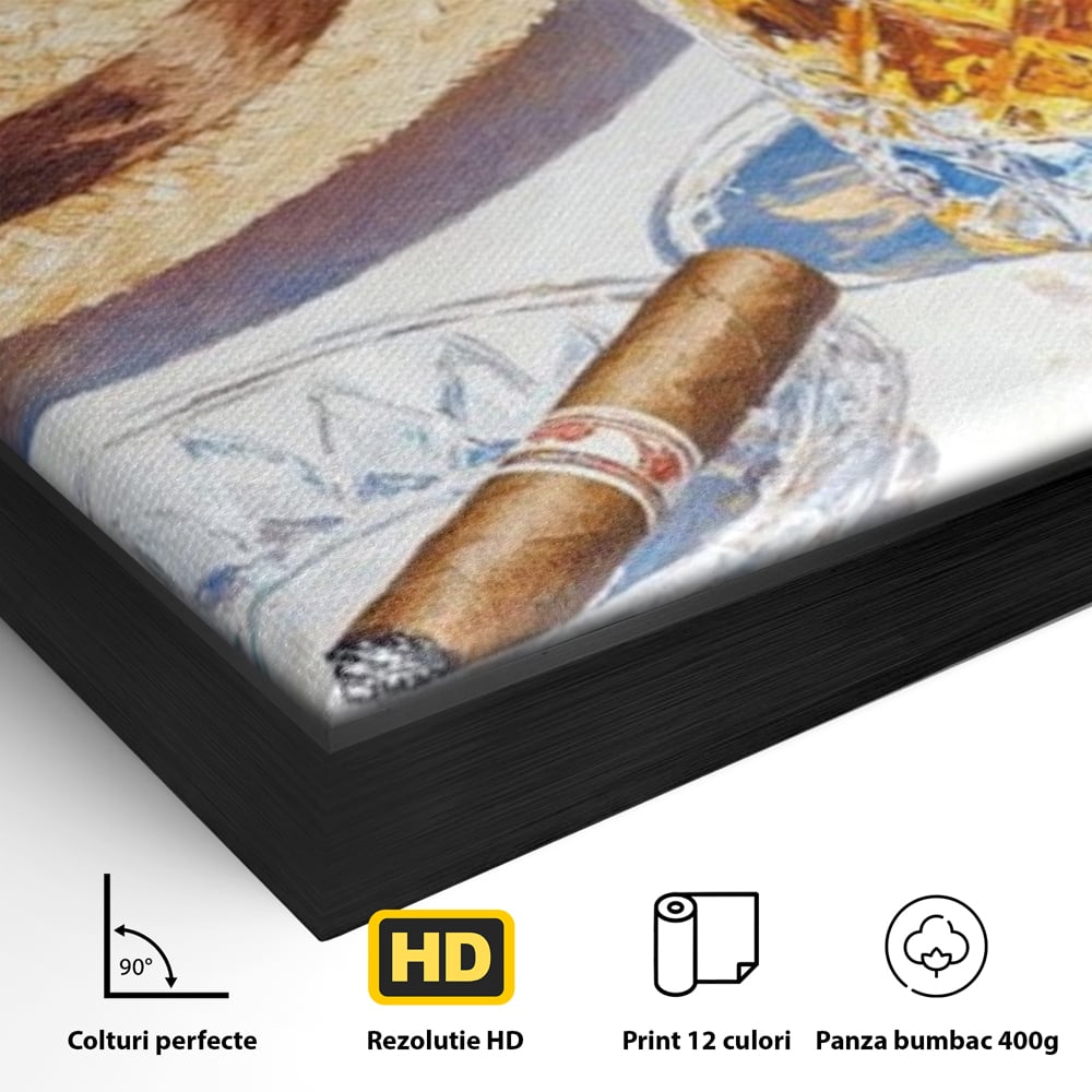 Detaliu al suprafetei: natura statica cu palarie si pahar de whisky, in rama de aluminiu negru