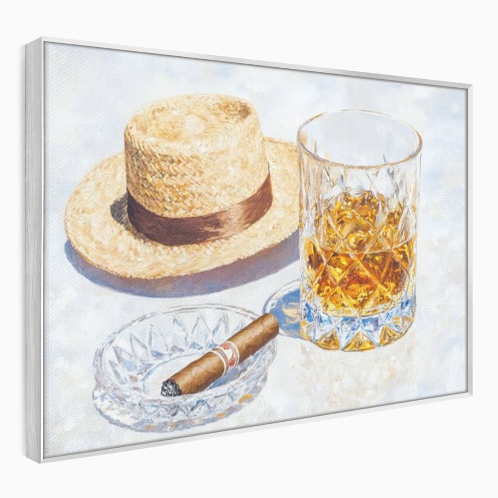 Tablou canvas cu natura statica cu palarie si pahar de whisky, in rama de aluminiu argintiu