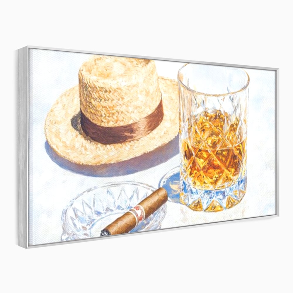 Tablou canvas cu natura statica cu palarie si pahar de whisky, in rama de aluminiu argintiu