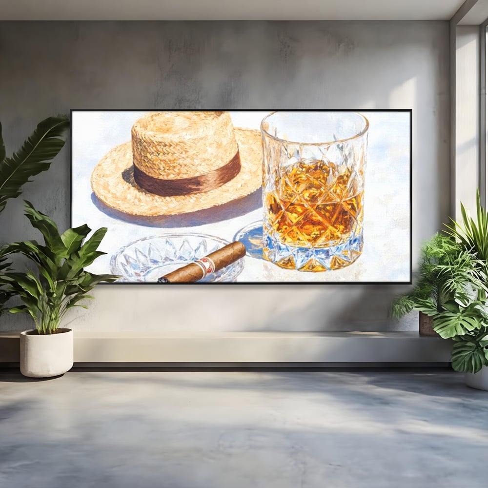 Tablou canvas cu natura statica cu palarie si pahar de whisky, in rama de aluminiu negru