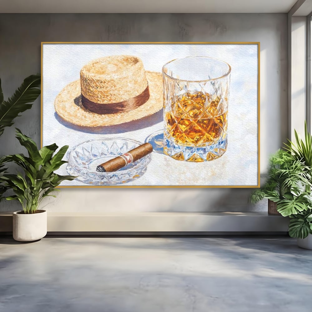 Tablou canvas cu natura statica cu palarie si pahar de whisky, in rama de aluminiu auriu